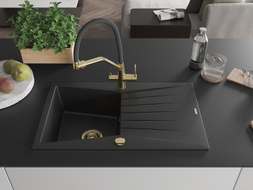 Mexen Cesar chiuvetă din granit cu 1 compartiment, cu scurgător și baterie de bucătărie Duo, negru - 6514-77-671701-57-G
