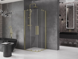 Mexen Velar Duo tolóajtós zuhanykabin 90 x 90 cm, átlátszó, arany kefével - 871-090-090-02-55
