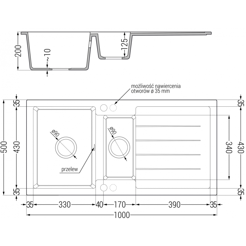 Mexen Andres 1,5-medencés gránit mosogató csepegtetővel 1000 x 500 mm, fekete/ezüst metál, krómozott szifon - 6515101510-73