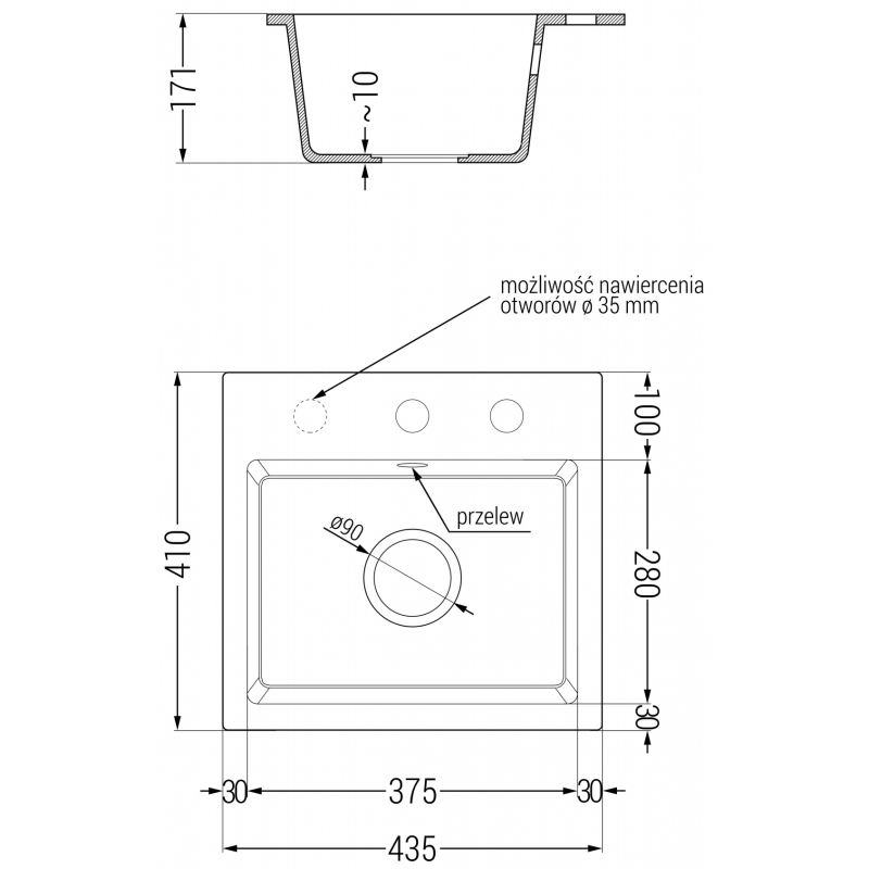 Mexen Milo chiuvetă de bucătărie din granit, cu 1 cuvă, 435 x 410 mm, neagră, sifon cromat - 6505441000-77
