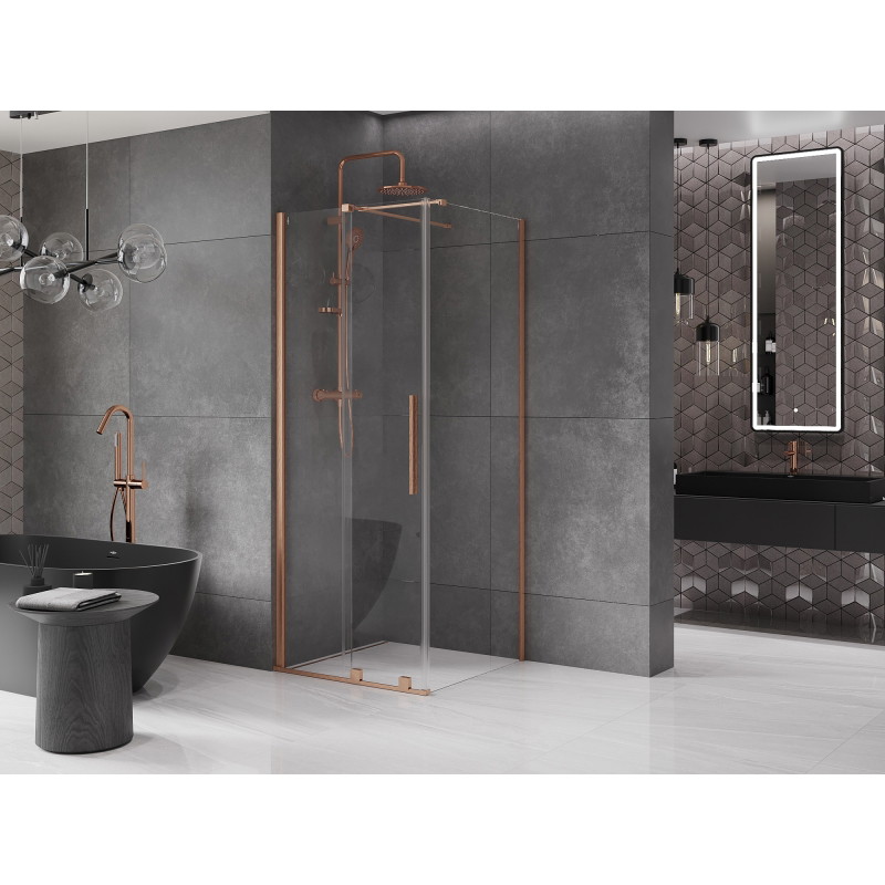 Mexen Velar 90 x 90 cm-es toló zuhanykabin, átlátszó, csiszolt réz - 871-090-090-01-65