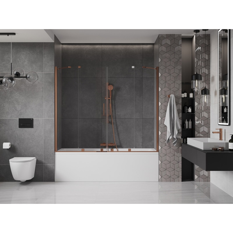 Mexen Velar Duo 2 szárnyú fürdőkád paraván, 200 x 150 cm, áttetsző, rózsaarany - 896-200-000-02-60