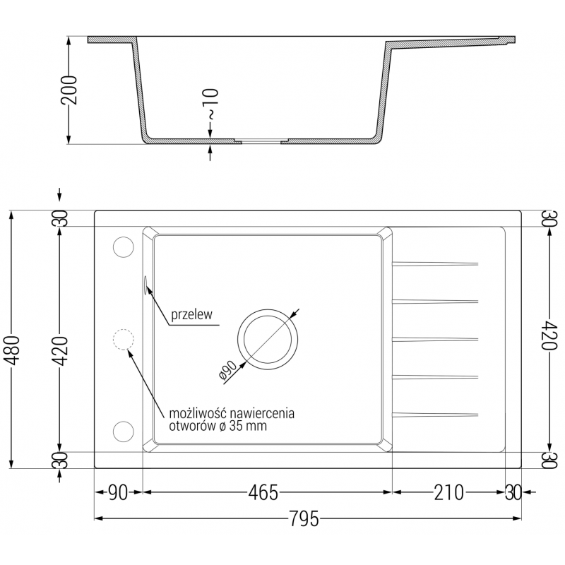 Mexen Elias chiuvetă de granit cu 1 compartiment și scurgător 795 x 480 mm, negru/argintiu metalizat, sifon crom