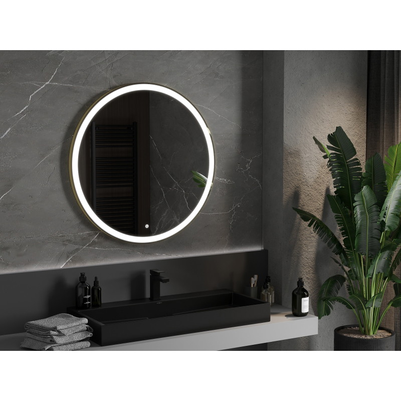 Mexen Esso oglindă de baie iluminată, rotundă 90 cm, LED 6000K, anti-abur, ramă aurie - 9825-090-090-611-50