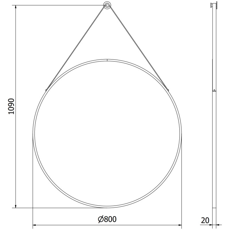 Mexen String 80 cm-es kerek fürdőszobai tükör, fekete keret - 9854-080-080-000-70