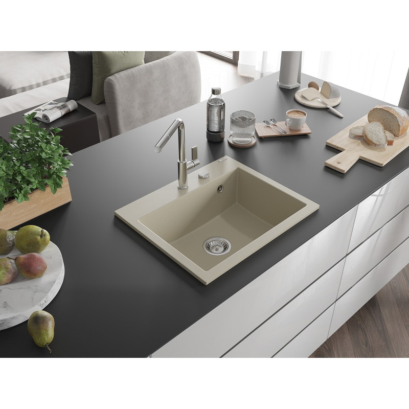 Mexen Oscar chiuvetă de granit cu 1 cuvă 580 x 490 mm, bej, sifon crom - 6519581000-69