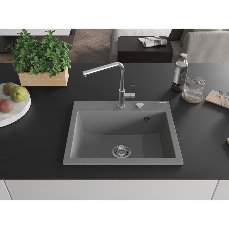 Mexen Oscar chiuvetă de bucătărie din granit cu 1 cuvă 580 x 490 mm, gri, sifon crom - 6519581000-71