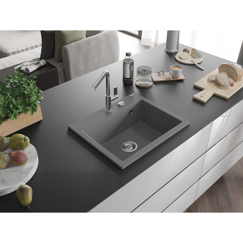 Mexen Oscar chiuvetă de bucătărie din granit cu 1 cuvă 580 x 490 mm, gri, sifon crom - 6519581000-71
