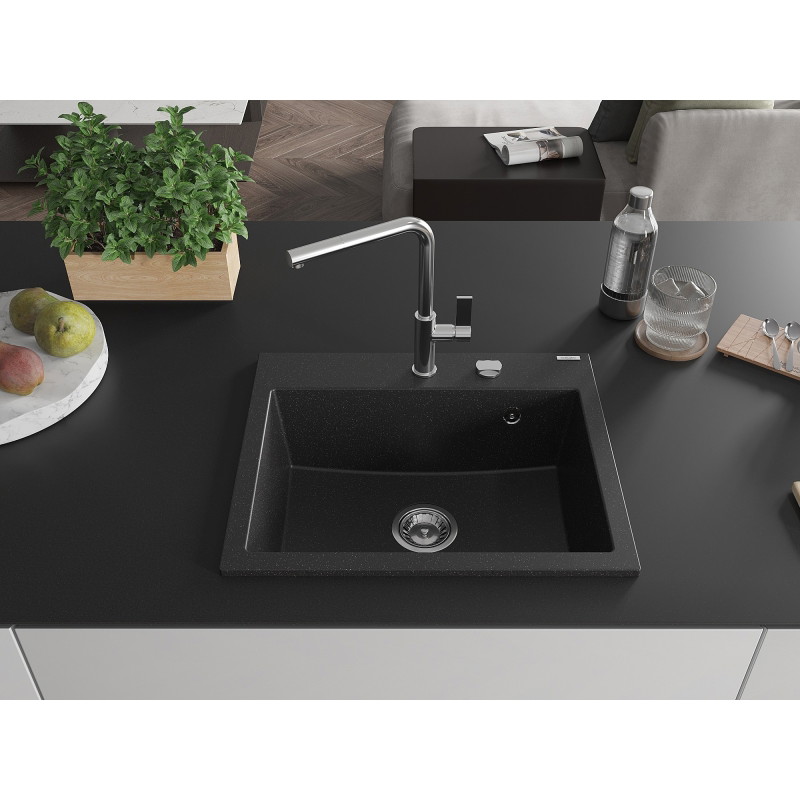 Mexen Oscar chiuvetă de granit cu 1 compartiment 580 x 490 mm, negru/argintiu metalizat, sifon cromat - 6519581000-73