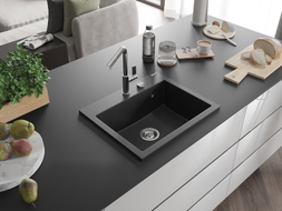 Mexen Oscar 1-medencés gránit mosogató 580 x 490 mm, fekete/ezüst metál, króm szifon - 6519581000-73
