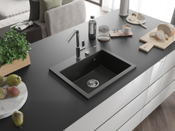 Mexen Oscar chiuvetă de granit cu 1 compartiment 580 x 490 mm, negru/auriu metalic, sifon cromat - 6519581000-75