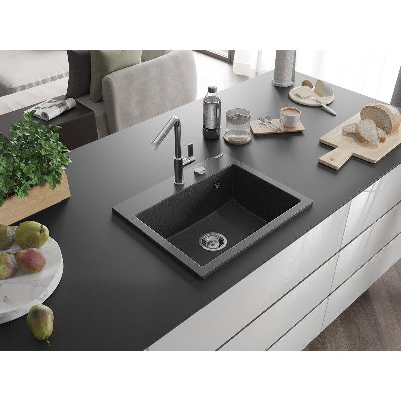 Mexen Oscar chiuvetă de granit cu 1 compartiment 580 x 490 mm, negru cu pete, sifon crom - 6519581000-76