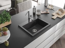 Mexen Oscar chiuvetă din granit cu 1 compartiment 580 x 490 mm, negru cu pete, sifon crom - 6519581000-76