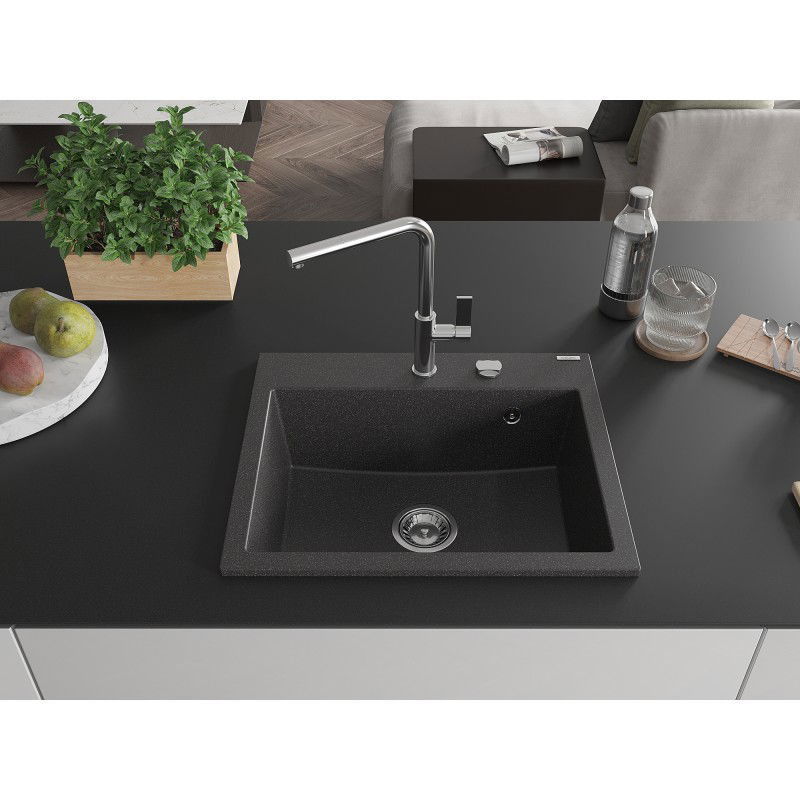 Mexen Oscar chiuvetă de granit cu 1 compartiment 580 x 490 mm, negru cu pete, sifon crom - 6519581000-76