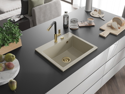 Mexen Oscar chiuvetă granit 1-cameră 580 x 490 mm, bej, sifon auriu - 6519581000-69-G