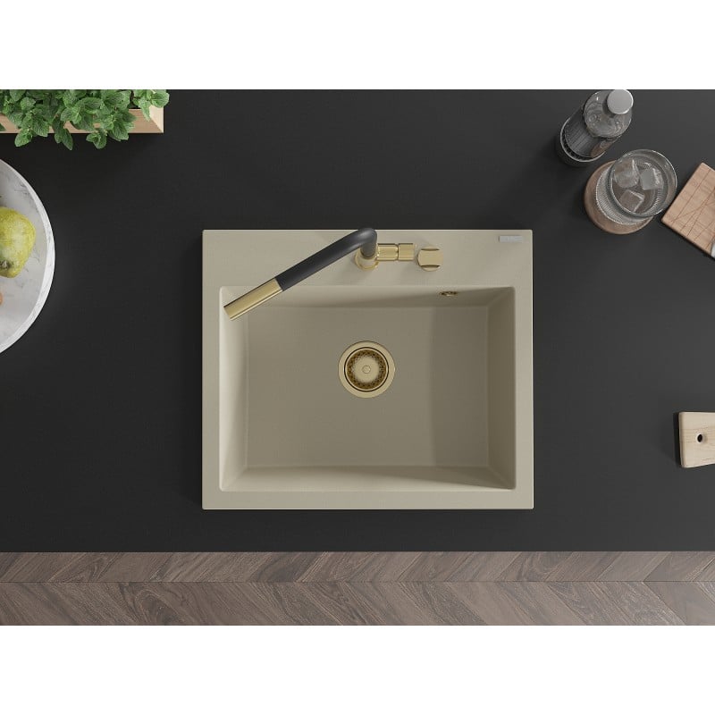 Mexen Oscar chiuvetă granit 1-cu-vadru 580 x 490 mm, bej, sifon auriu - 6519581000-69-G