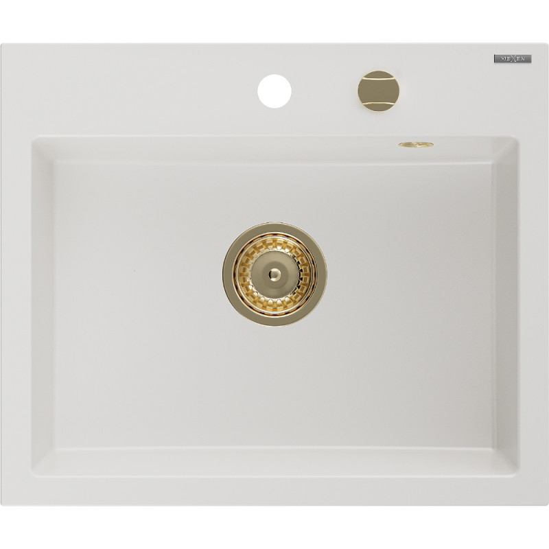 Mexen Oscar chiuvetă de granit cu 1 compartiment 580 x 490 mm, albă, sifon auriu - 6519581000-20-G