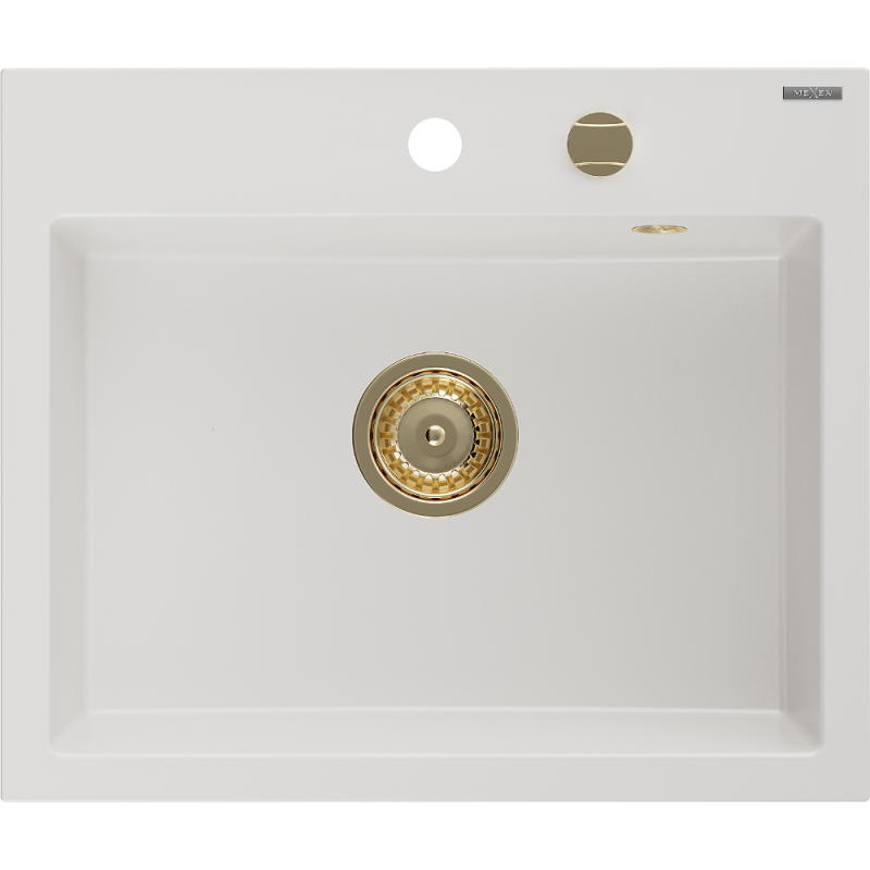 Mexen Oscar chiuvetă din granit cu 1 compartiment 580 x 490 mm, alb, sifon auriu - 6519581000-20-G