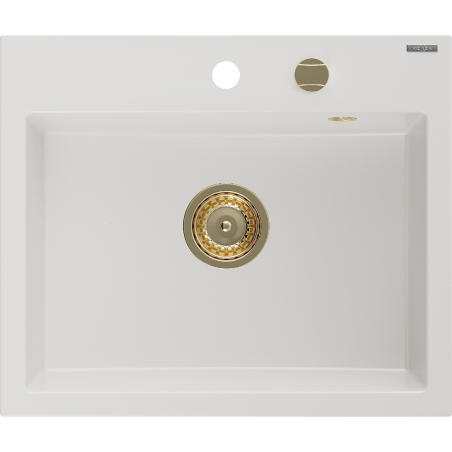 Mexen Oscar chiuvetă de granit cu 1 compartiment 580 x 490 mm, alb, sifon auriu - 6519581000-20-G