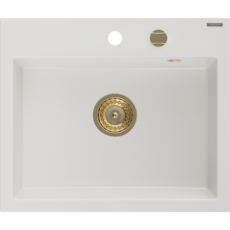 Mexen Oscar chiuvetă din granit cu 1 compartiment 580 x 490 mm, alb, sifon auriu - 6519581000-20-G