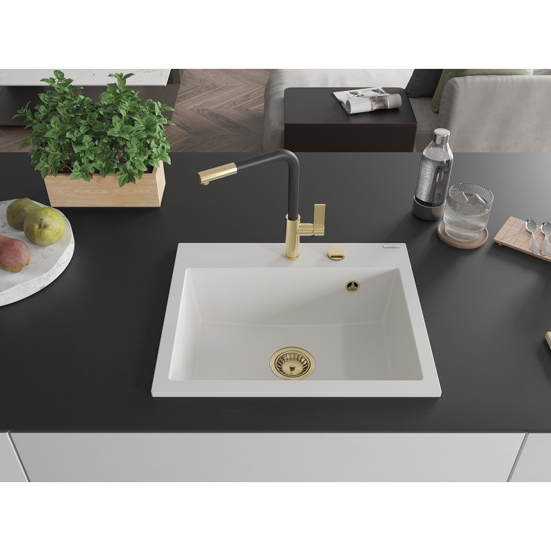 Mexen Oscar chiuvetă de granit cu 1 compartiment 580 x 490 mm, albă, sifon auriu - 6519581000-20-G