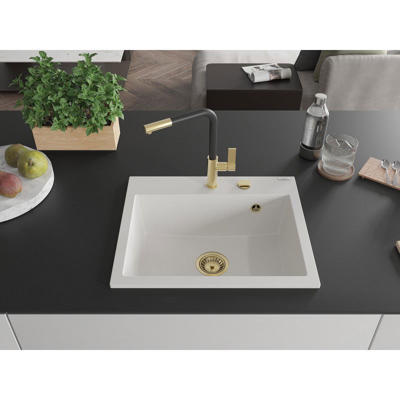 Mexen Oscar chiuvetă din granit cu 1 compartiment 580 x 490 mm, alb, sifon auriu - 6519581000-20-G