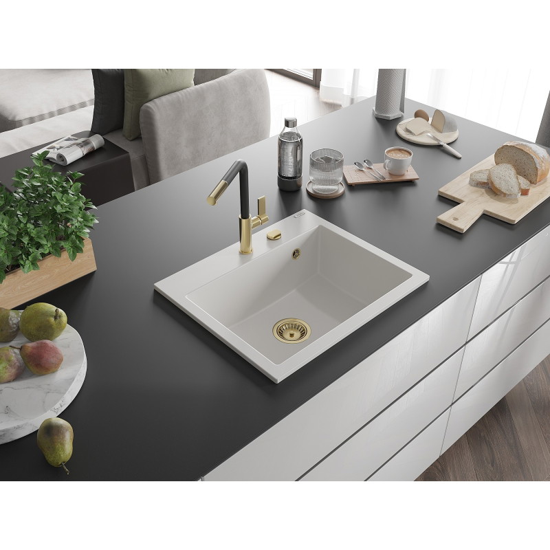 Mexen Oscar chiuvetă de granit cu 1 compartiment 580 x 490 mm, albă, sifon auriu - 6519581000-20-G