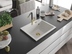 Mexen Oscar chiuvetă de granit cu 1 compartiment 580 x 490 mm, alb, sifon auriu - 6519581000-20-G
