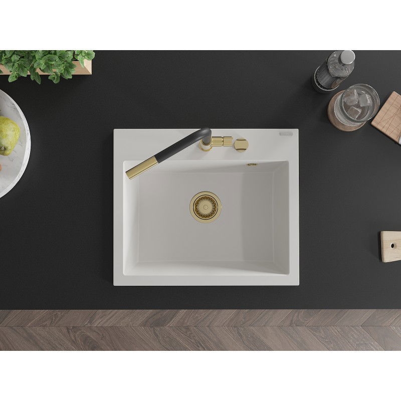 Mexen Oscar chiuvetă din granit cu 1 compartiment 580 x 490 mm, alb, sifon auriu - 6519581000-20-G