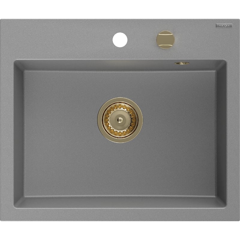 Mexen Oscar chiuvetă granitică cu o cuvă 580 x 490 mm, gri, sifon auriu - 6519581000-71-G
