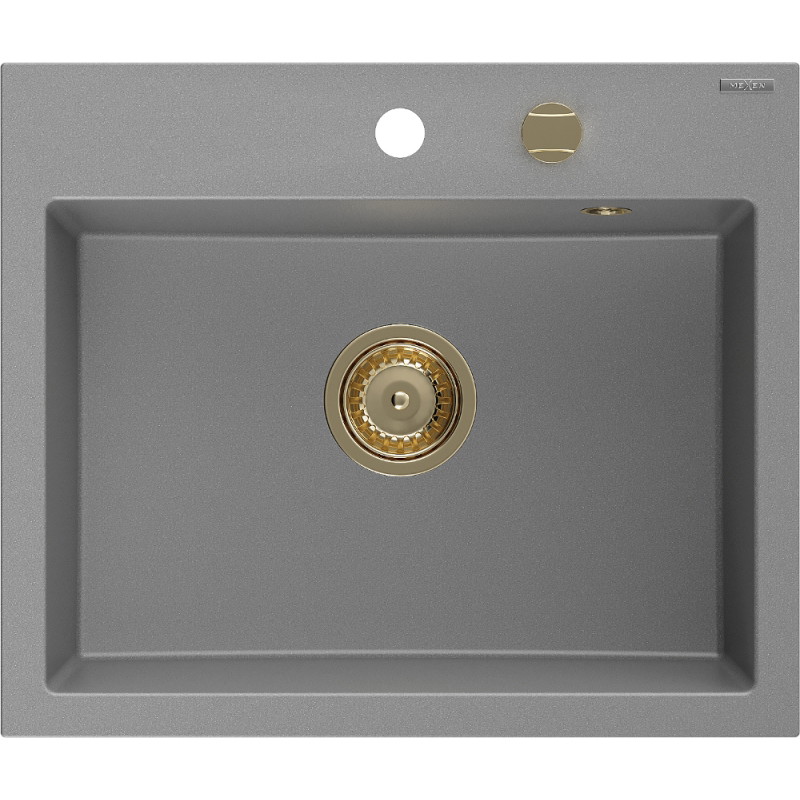 Mexen Oscar egykamrás gránit mosogató 580 x 490 mm, szürke, arany szifonnal - 6519581000-71-G