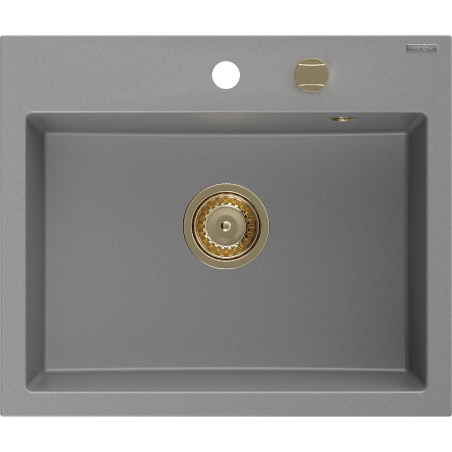 Mexen Oscar chiuvetă de granit cu o singură cuvă 580 x 490 mm, gri, sifon auriu - 6519581000-71-G