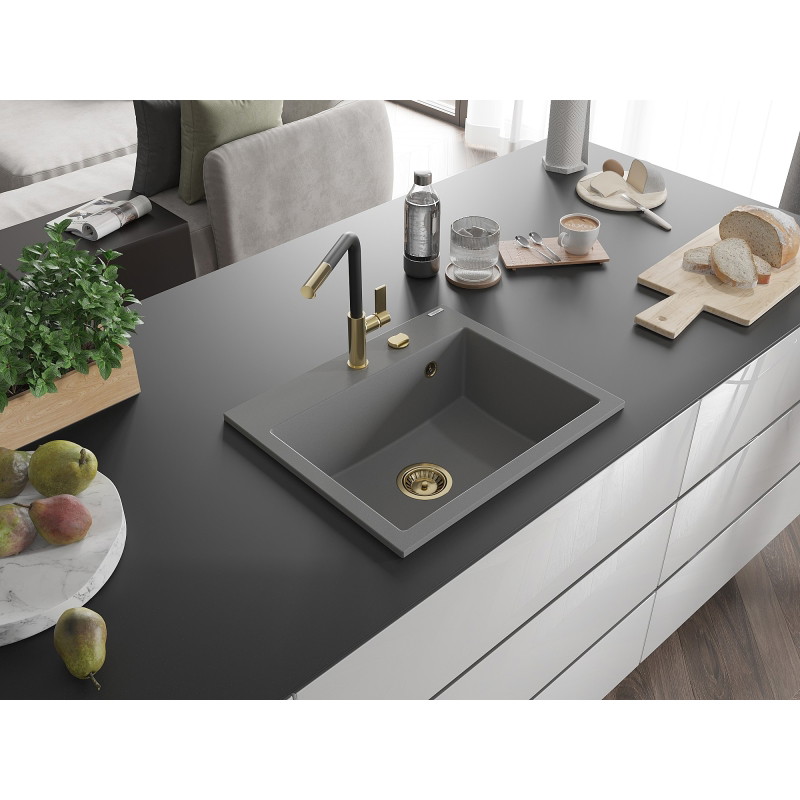 Mexen Oscar chiuvetă granitică cu o cuvă 580 x 490 mm, gri, sifon auriu - 6519581000-71-G
