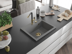 Mexen Oscar chiuvetă granitică cu o cuvă 580 x 490 mm, gri, sifon auriu - 6519581000-71-G