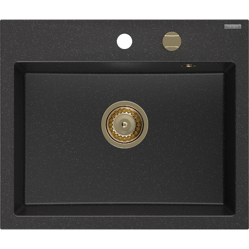 Mexen Oscar chiuvetă granit 1-cameră 580 x 490 mm, negru/argintiu metalic, sifon auriu - 6519581000-73-G