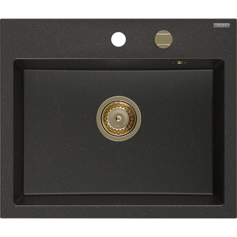 Mexen Oscar 1-medencés gránit mosogató 580 x 490 mm, fekete/arany metál, arany szifon - 6519581000-75-G