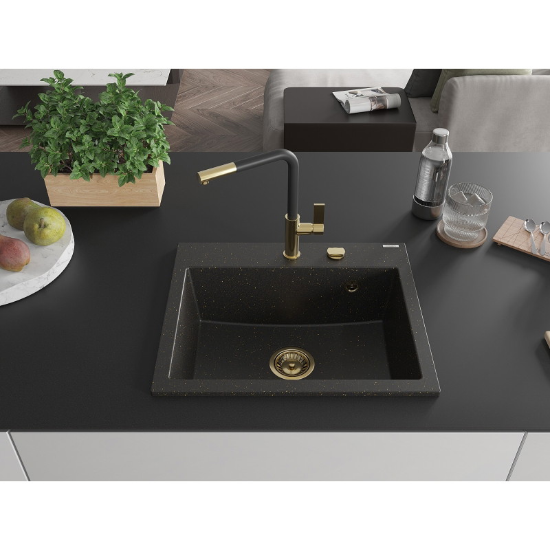 Mexen Oscar chiuvetă din granit cu 1 compartiment 580 x 490 mm, negru/auriu metalizat, sifon auriu - 6519581000-75-G