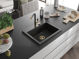 Mexen Oscar chiuvetă de granit cu 1 compartiment 580 x 490 mm, negru/auriu metalic, sifon auriu - 6519581000-75-G