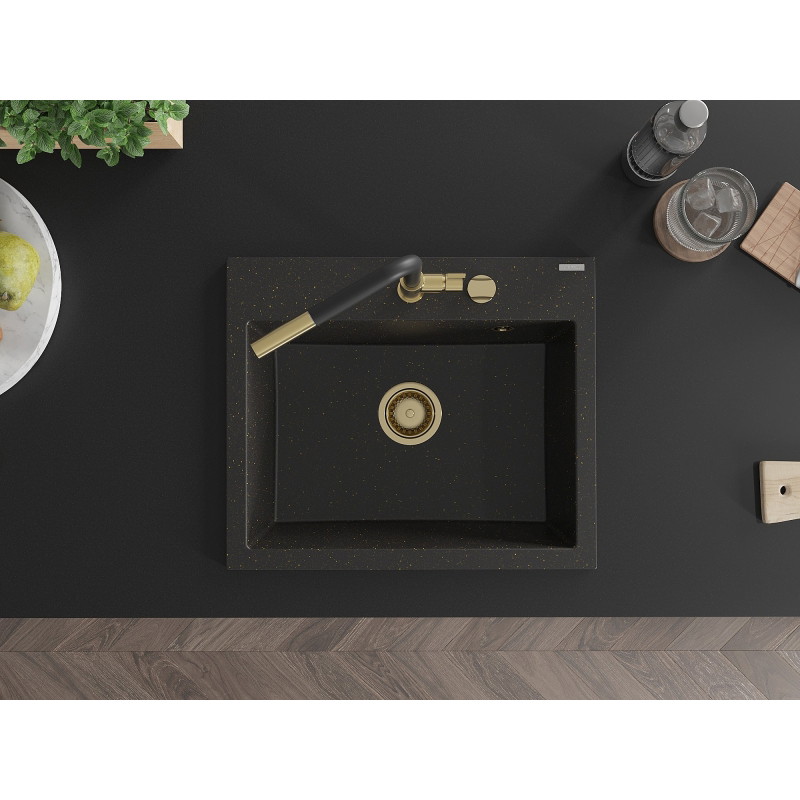 Mexen Oscar chiuvetă din granit cu 1 compartiment 580 x 490 mm, negru/auriu metalizat, sifon auriu - 6519581000-75-G