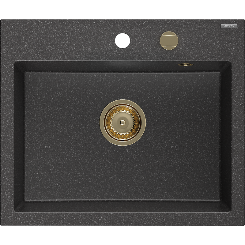 Mexen Oscar chiuvetă granit 1-cameră 580 x 490 mm, negru presărat, sifon auriu - 6519581000-76-G