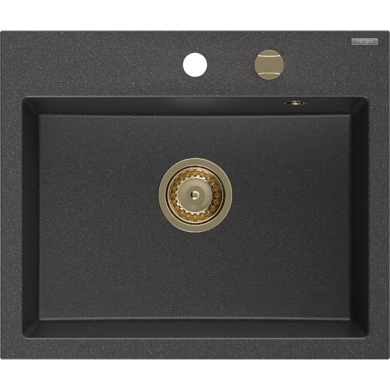 Mexen Oscar egymedencés gránit mosogató 580 x 490 mm, fekete pettyes, arany szifon - 6519581000-76-G