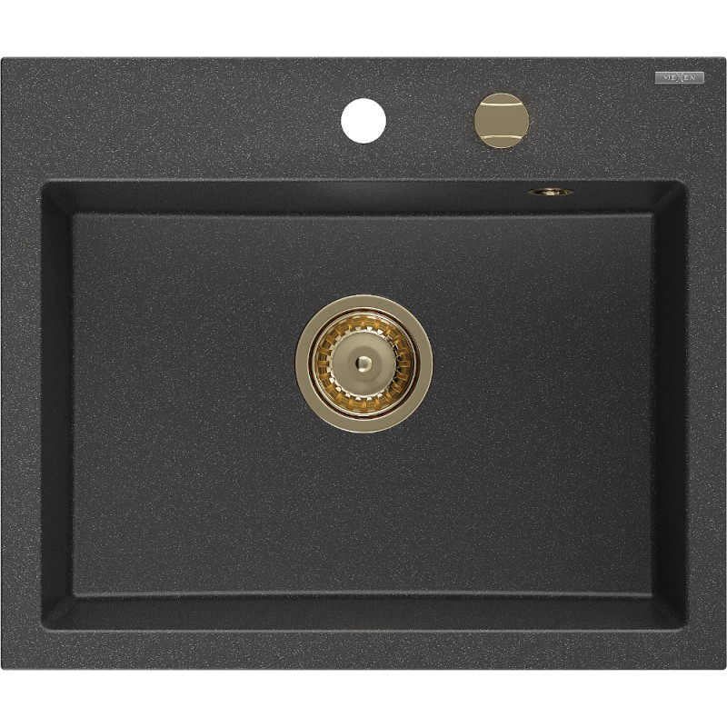 Mexen Oscar gránit mosogató 1-medencés 580 x 490 mm, fekete pöttyös, arany szifon - 6519581000-76-G