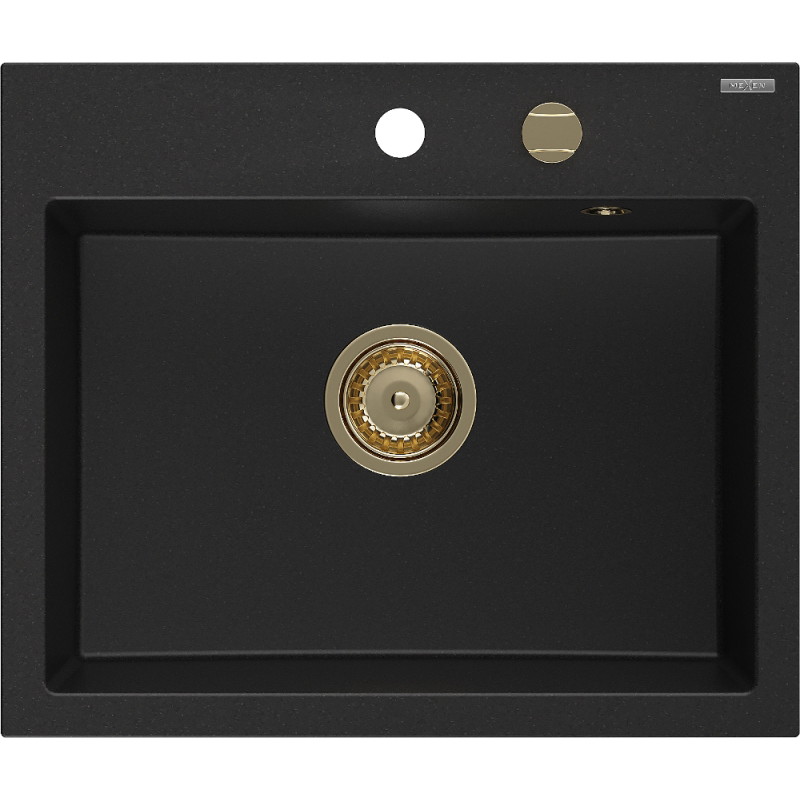 Mexen Oscar chiuvetă de bucătărie granit cu 1 compartiment 580 x 490 mm, negru, sifon auriu - 6519581000-77-G