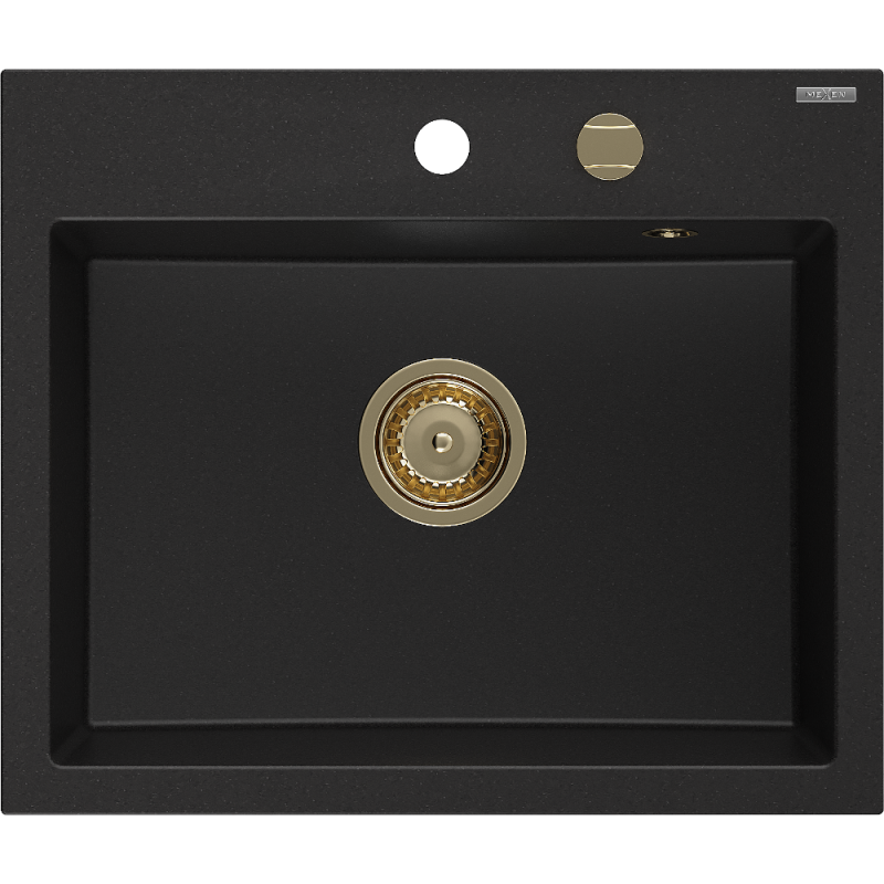 Mexen Oscar chiuvetă de granit cu o cuvă 580 x 490 mm, negru, sifon auriu - 6519581000-77-G