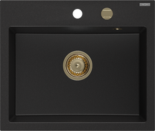 Mexen Oscar chiuvetă de granit cu o cuvă 580 x 490 mm, negru, sifon auriu - 6519581000-77-G