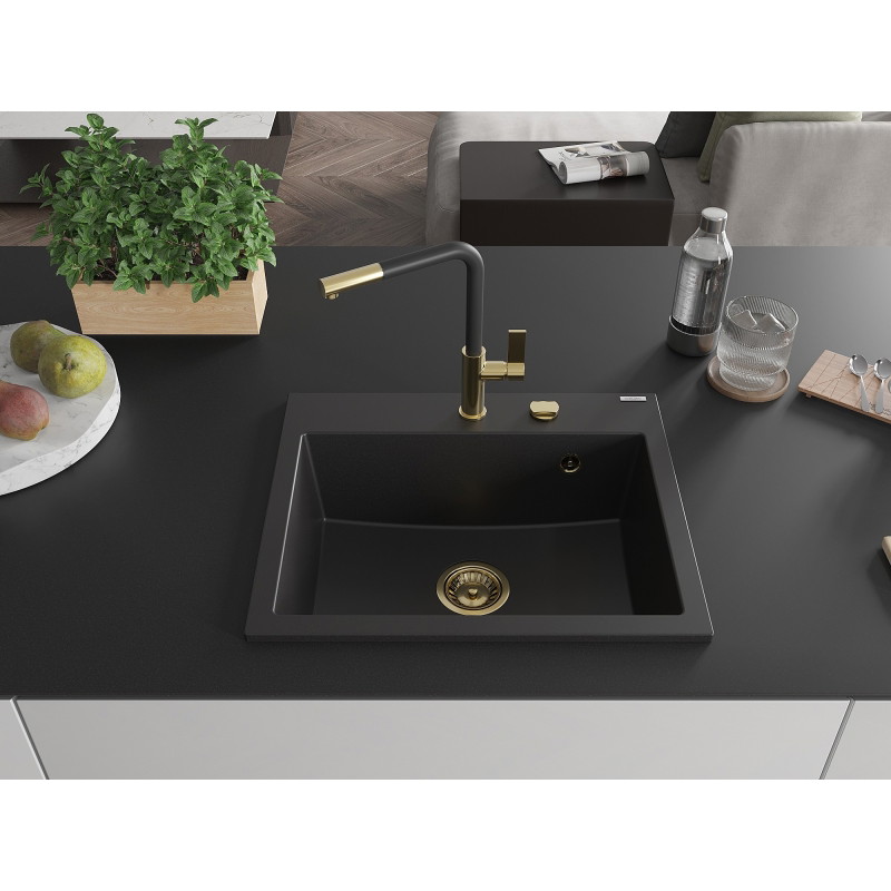 Mexen Oscar 1-kamrás gránitmosogató 580 x 490 mm, fekete, arany szifonnal - 6519581000-77-G