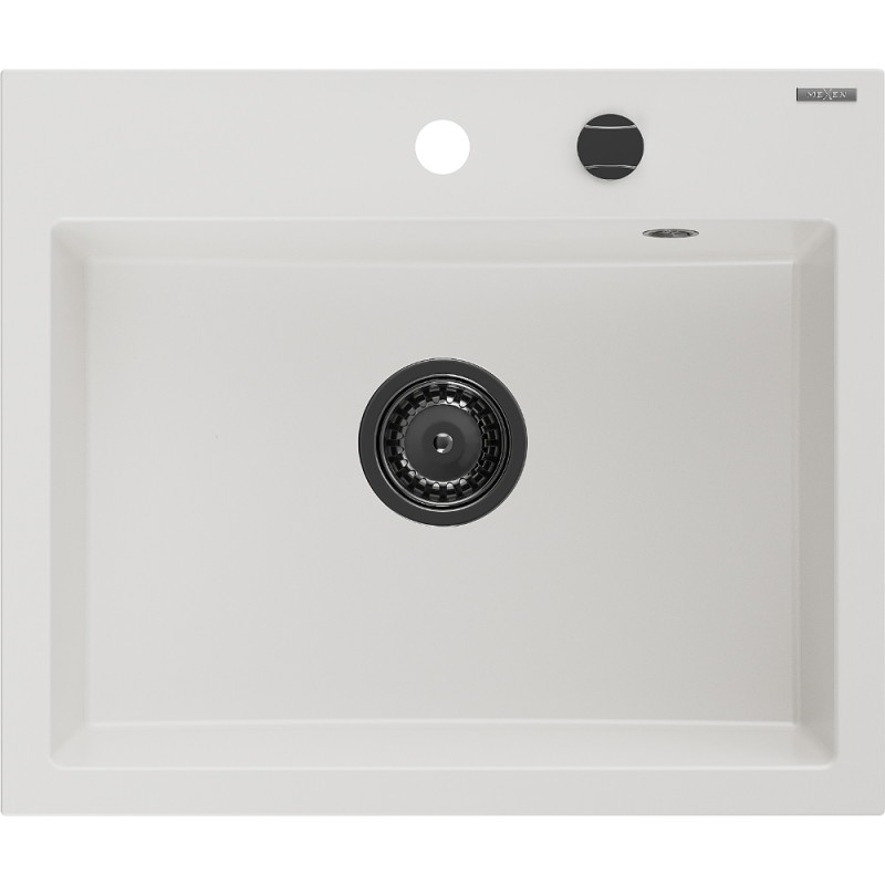 Mexen Oscar chiuvetă de bucătărie din granit cu 1 compartiment 580 x 490 mm, albă, sifon negru - 6519581000-20-B