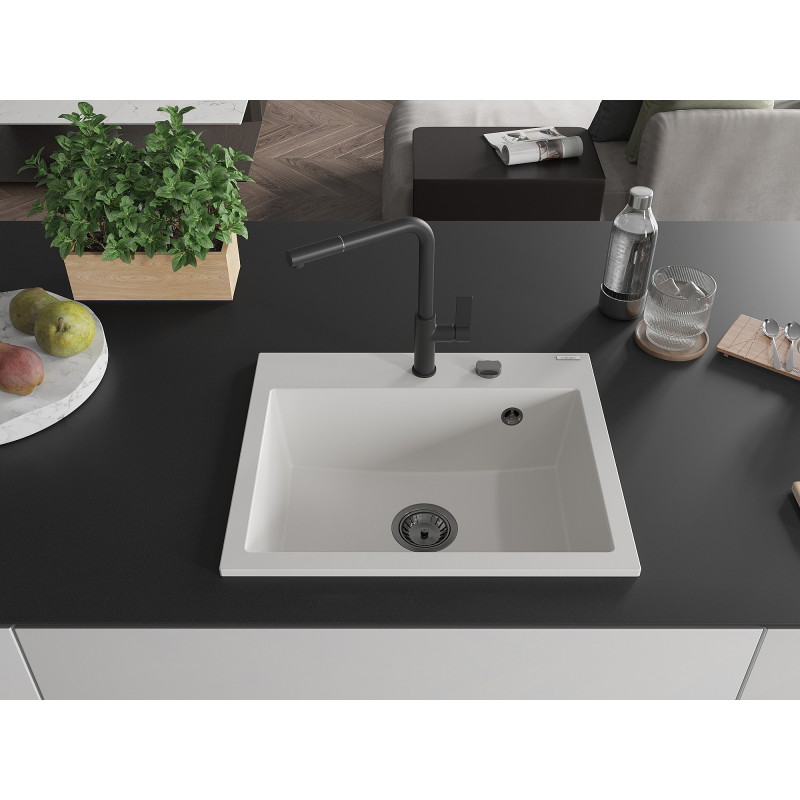 Mexen Oscar chiuvetă de bucătărie din granit cu 1 compartiment 580 x 490 mm, albă, sifon negru - 6519581000-20-B