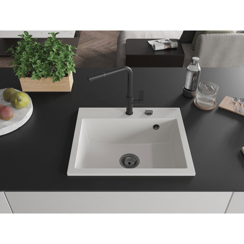 Mexen Oscar chiuvetă de granit cu 1 compartiment 580 x 490 mm, alb, sifon negru - 6519581000-20-B