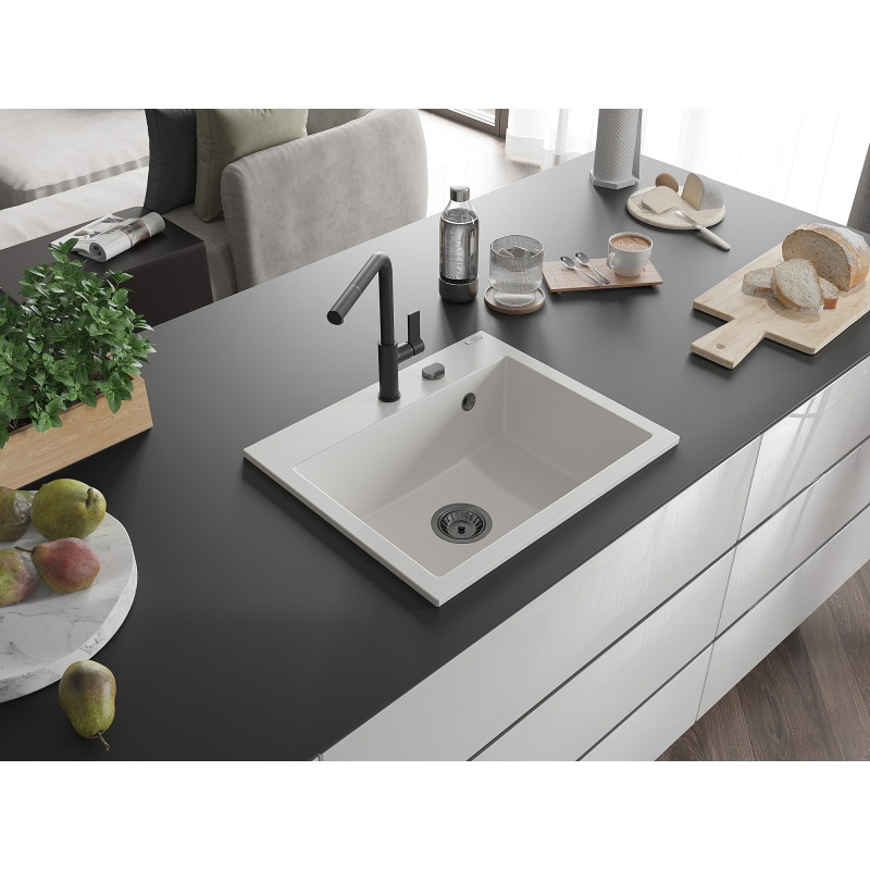 Mexen Oscar chiuvetă de bucătărie din granit cu 1 compartiment 580 x 490 mm, albă, sifon negru - 6519581000-20-B